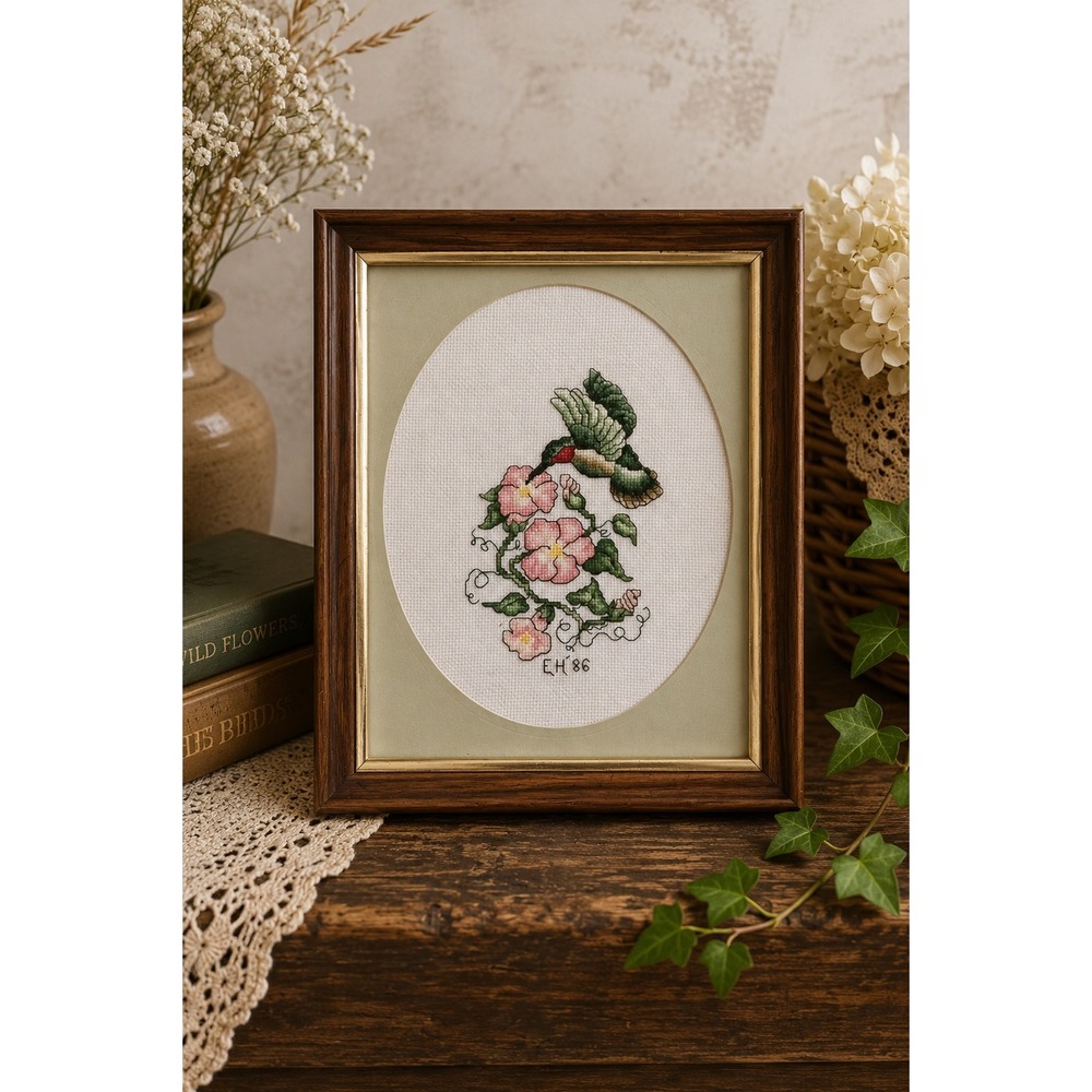 Vintage Ruby Throated Hummingbird Cross Stitch Handmade Floral Cottagecore Art